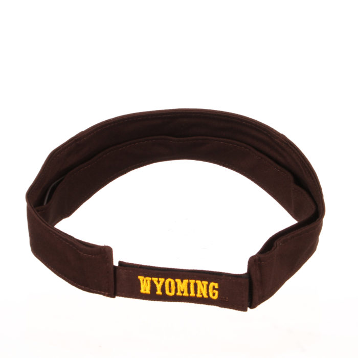 back view of brown adjustable visor. velcro, adjustable closure with word Wyoming embroidered on it in gold