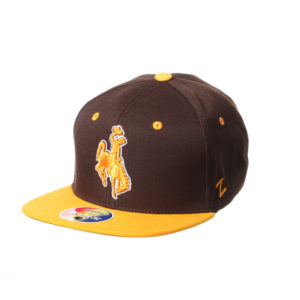 youth sized, adjustable flat bill hat. brown body, gold bill. gold bucking horse embroidered on front center of hat