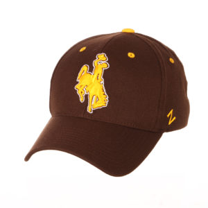 brown, flex fit style hat. gold embroidered bucking horse on front with white outline. gold eyelets, and gold Z logo on left side of hat