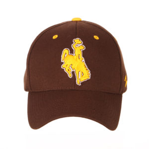 Brown flexfit hat, design is gold bucking horse white outline