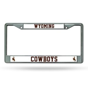silver license plate frame. White background with slogan, Wyoming Cowboys and bucking horses printed on top in brown