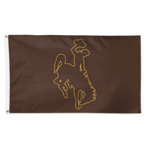brown 2 foot by 3 foot, nylon flag. gold outline of bucking horse printed large in center of flag