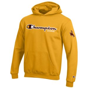 gold, youth fleece hooded sweatshirt. Champion logo printed in black on front, bucking horse logo printed on top of left sleeve