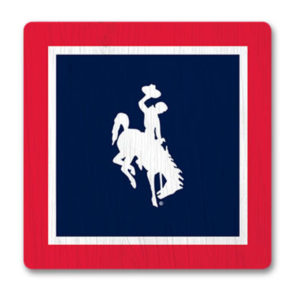 square, wooden magnet. blue background with red border. white bucking horse printed in the center