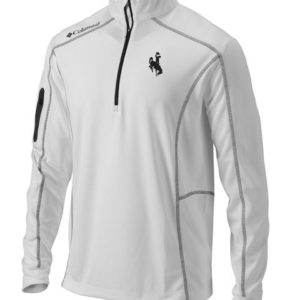 white, Columbia brand 1/4 zip jacket. black trim on jacket with black bucking horse embroidered on left chest