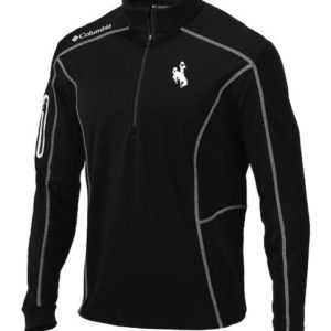 black, Columbia brand 1/4 zip jacket. White trim on jacket with white bucking horse embroidered on left chest