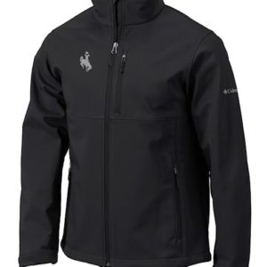 black, Columbia brand, soft shell full zip jacket. two front pockets. silver grey bucking horse embroidered on left chest