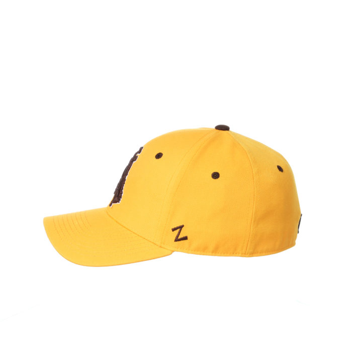 side view of gold fitted hat with brown eyelets and brown embroidered Z logo on the side of hat