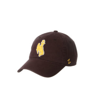 brown, unstructured adjustable hat. gold bucking horse with white outline embroidered on front center of hat. Gold Z logo embroidered on left side of hat