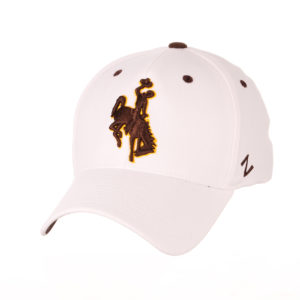 white, flex fit style hat. brown embroidered bucking horse on front with gold outline. brown eyelets, and brown Z logo on left side of hat