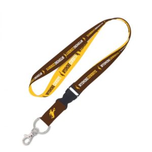 1 inch wide, brown and gold detachable lanyard. bucking horse with slogan Wyoming Cowboys printed repeatedly on lanyard.