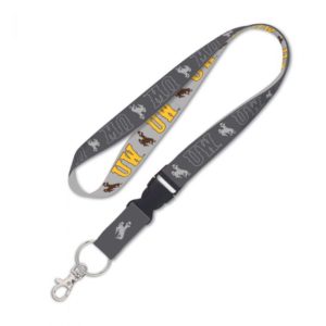 1 inch wide, grey detachable lanyard. bucking horse printed repeatedly on one side of lanyard, and UW printed in gold on other side
