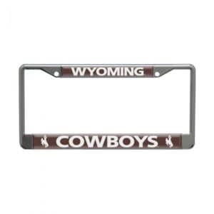 metal license plate frame with word Wyoming in white with brown background on top and word Cowboys in white with brown background on bottom
