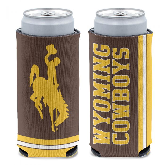brown and gold neoprene slim can cooler. Wyoming Cowboys and bucking horse design on either side