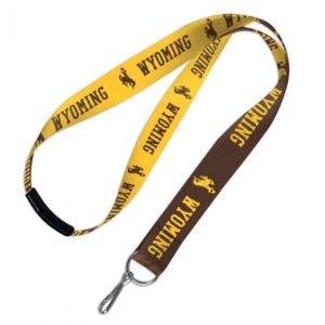 1 inch wide, lanyard. brown on one side, gold on other side. bucking horse with word Wyoming printed repeated along lanyard