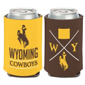 neoprene brown and gold can cooler. Wyoming design printed on either day