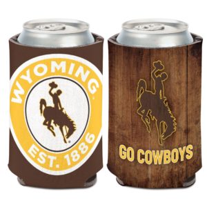 neoprene brown wood print can cooler. Wyoming design printed on either side