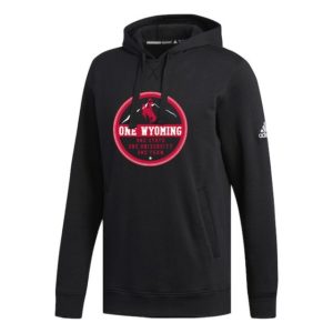 Adidas, black hooded sweatshirt with large circular design on the front in red. design is red circular outline with One Wyoming slogan in white and red bucking horse above slogan