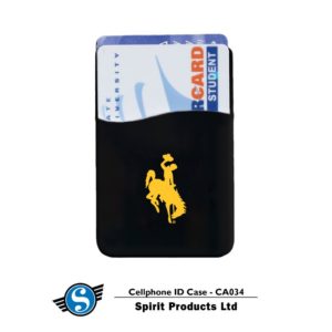 self adhesive cell phone ID case in black. includes one card holder spot, with gold bucking horse printed on front of pocket