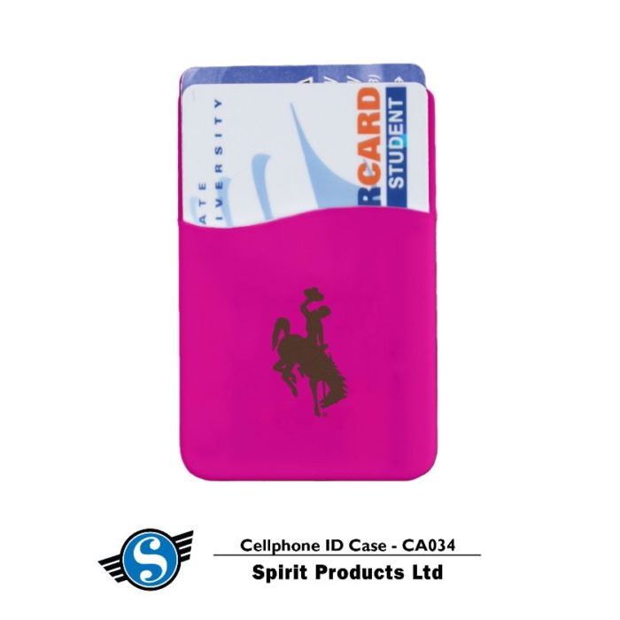 self adhesive cell phone ID case in pink. includes one card holder spot, with brown bucking horse printed on front of pocket