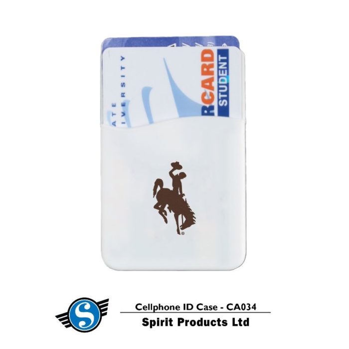 self adhesive cell phone ID case in white. includes one card holder spot, with brown bucking horse printed on front of pocket