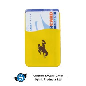 self adhesive cell phone ID case in gold. includes one card holder spot, with brown bucking horse printed on front of pocket