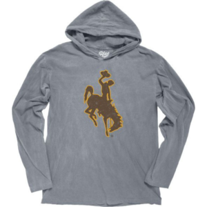 dark grey, women's hooded long sleeved tee. Large bucking horse printed on front in brown with gold outline