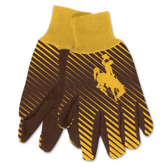 polyester gloves in brown and gold stripes. bucking horse printed in gold on top of each glove