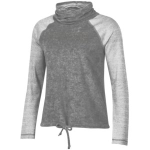 women's cowl neck, Terry cloth long sleeve top. dark grey body with light grey sleeves. Word Wyoming and bucking horse embroidered on front of top in dark grey