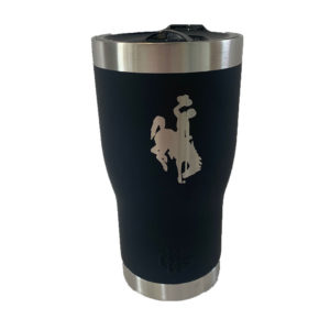 20 oz, stainless steel black tumbler. Smaller at the bottom, larger on the top. Leak proof, plastic lid. bucking horse etched on front of tumbler