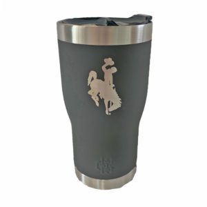 grey 20oz insulated, metal tumbler with silver etched bucking horse in the center