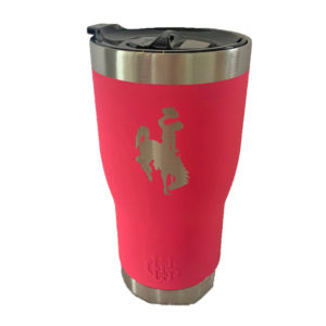 20 oz, stainless steel pink tumbler. Smaller at the bottom, larger on the top. Leak proof, plastic lid. bucking horse etched on front of tumbler