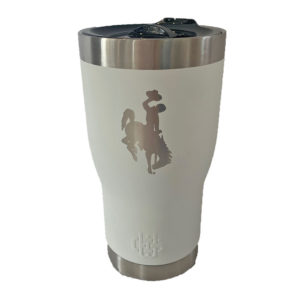20 oz, stainless steel white tumbler. Smaller at the bottom, larger on the top. Leak proof, plastic lid. bucking horse etched on front of tumbler