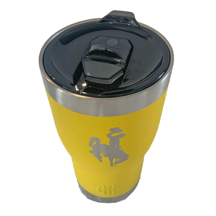 gold 20oz insulated, metal tumbler with silver etched bucking horse in the center