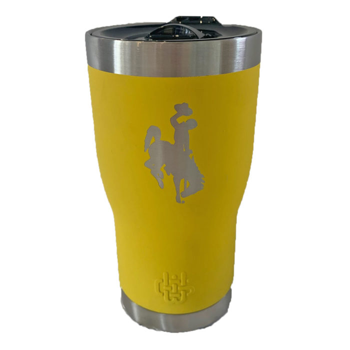 gold 20oz insulated, metal tumbler with silver etched bucking horse in the center