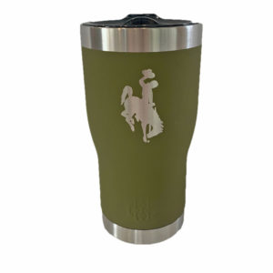 20 oz, stainless steel olive green tumbler. Smaller at the bottom, larger on the top. Leak proof, plastic lid. bucking horse etched on front of tumbler