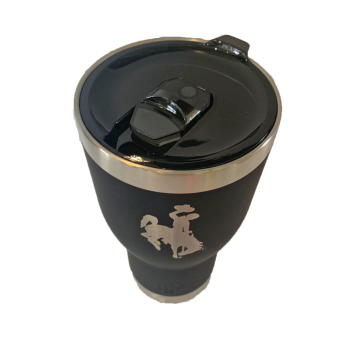 black 30oz insulated, metal tumbler with silver etched bucking horse in the center