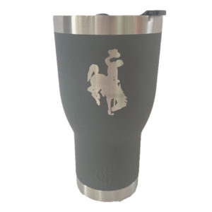 30 oz, stainless steel charcoal grey tumbler. Smaller at the bottom, larger on the top. Leak proof, plastic lid. Bucking horse etched on front of tumbler