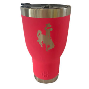 30 oz, stainless steel pink tumbler. Smaller at the bottom, larger on the top. Leak proof, plastic lid. Bucking horse etched on front of tumbler