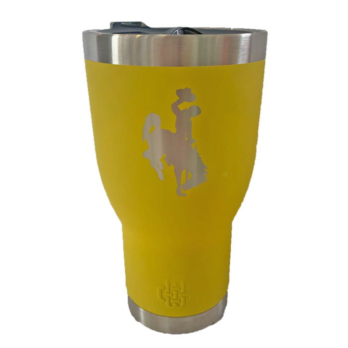 gold 30oz insulated, metal tumbler with silver etched bucking horse in the center