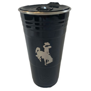 24 oz, stainless steel black tumbler. Leak proof, plastic lid. bucking horse etched on front of tumbler