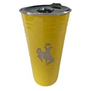 24 oz, stainless steel yellow tumbler. Leak proof, plastic lid. bucking horse etched on front of tumbler