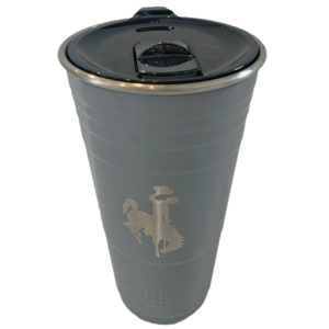 24 oz, stainless steel grey tumbler. Leak proof, plastic lid. bucking horse etched on front of tumbler