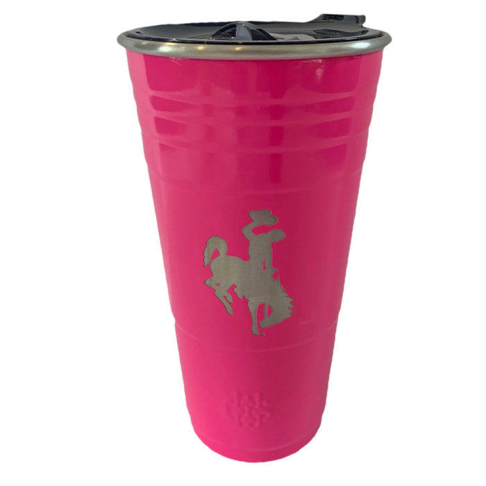 24 oz, stainless steel pink tumbler. Leak proof, plastic lid. bucking horse etched on front of tumbler