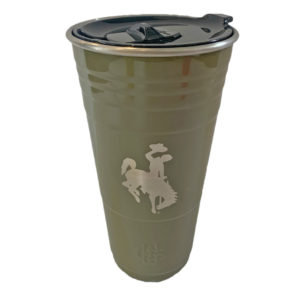 24 oz, stainless steel olive green tumbler. Leak proof, plastic lid. bucking horse etched on front of tumbler