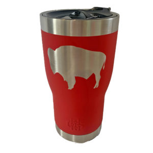 20 oz, stainless steel red tumbler. Smaller at the bottom, larger on the top. Leak proof, plastic lid. Buffalo etched on front of tumbler