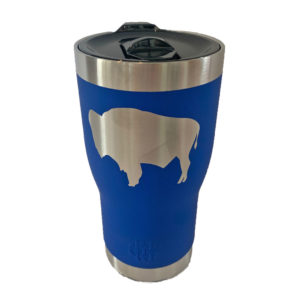 20 oz, stainless steel royal blue tumbler. Smaller at the bottom, larger on the top. Leak proof, plastic lid. Buffalo etched on front of tumbler