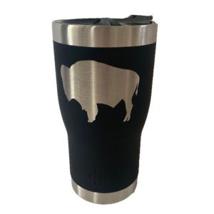 20 oz, stainless steel black tumbler. Smaller at the bottom, larger on the top. Leak proof, plastic lid. Buffalo etched on front of tumbler