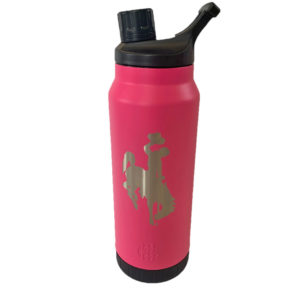 34 oz, stainless steel water bottle in pink. large bucking horse etched on front of bottle. magnetic twist top lid