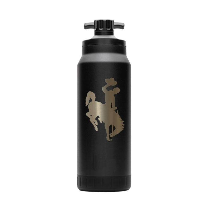 34 oz, stainless steel water bottle in black. large bucking horse etched on front of bottle. magnetic twist top lid